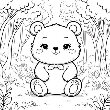 Cute cartoon bear in the forest. Coloring book page for kids.の素材