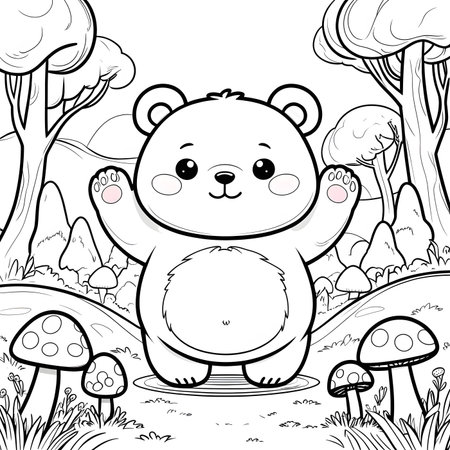 Coloring book: Cute bear in the forest. Vector illustrationの素材