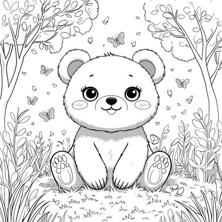 Cute cartoon panda sitting in the grass. Vector illustration for coloring bookの素材