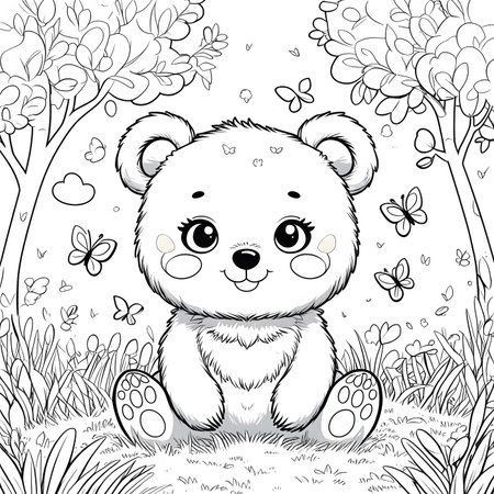 Cute cartoon bear sitting in the grass. Vector illustration for coloring book.の素材