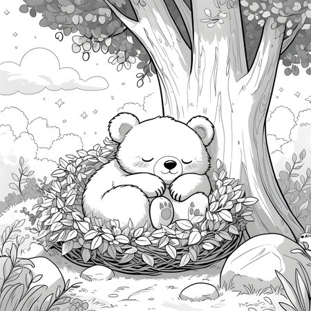 Black and white vector illustration of a cute teddy bear sitting in a nest with eggs in the forestの素材