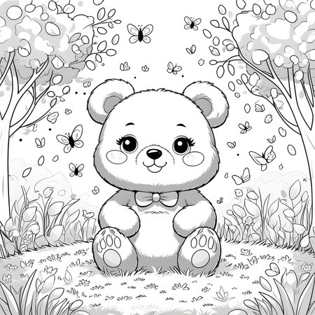 Cute cartoon bear in the forest. Vector illustration for coloring bookの素材