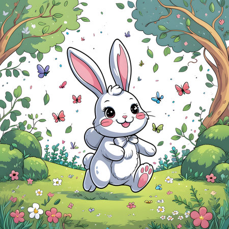 Cute cartoon rabbit in the garden. Vector illustration of a cute Easter bunnyの素材