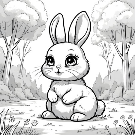 Cute cartoon rabbit sitting in the forest. Vector illustration for coloring book.の素材