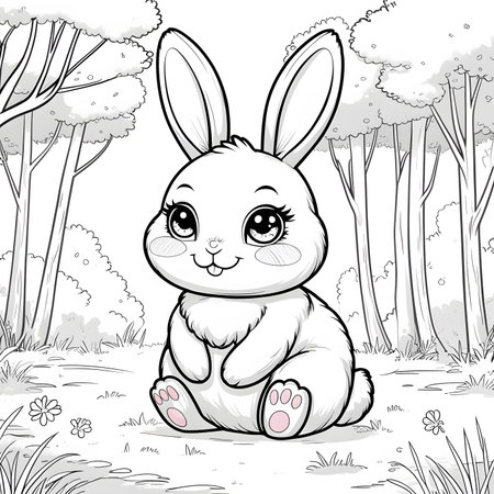 Cute cartoon rabbit sitting in the forest. Vector illustration for coloring book.の素材