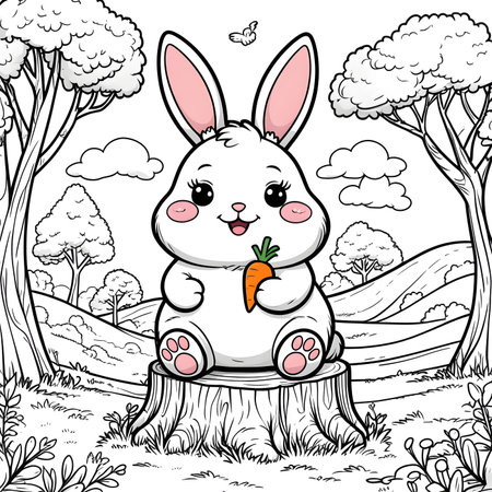 Cute cartoon bunny sitting on a tree stump and holding a carrotの素材