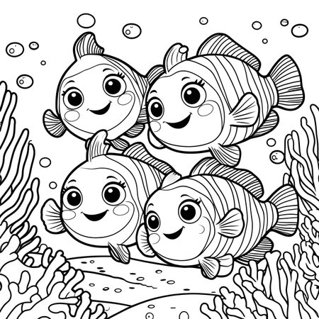 Cute cartoon fishes in the sea. Coloring book for adults.の素材