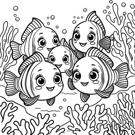 Cute cartoon fish family coloring page. Vector illustration for kids.の素材