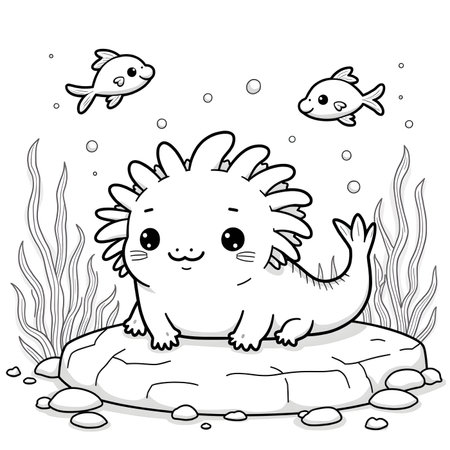 Cute Dinosaur Cartoon Character in Underwater Landscape - Coloring Bookの素材