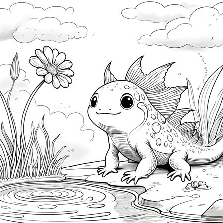 Coloring Page Outline Of a lizard in the pond with a flowerの素材