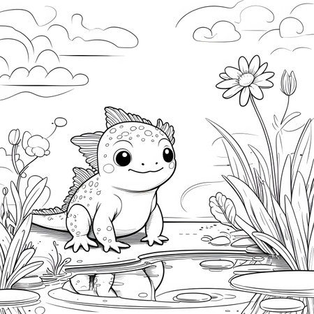Coloring book for children: Cute dinosaur on the pond.の素材