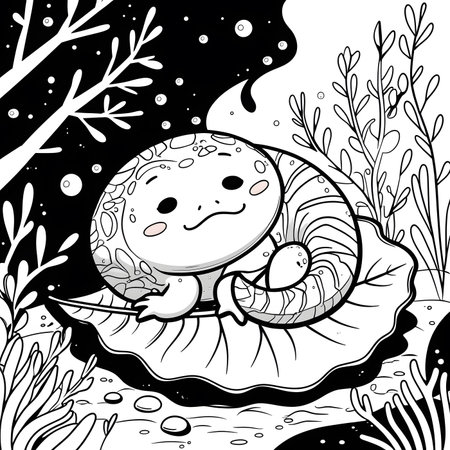 Cute cartoon snail on the seaweed. Coloring book page for kids.の素材
