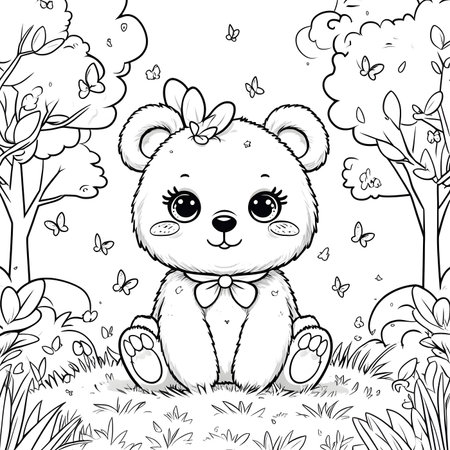 Cute bear cartoon in the forest. Black and white illustration for coloring book.の素材