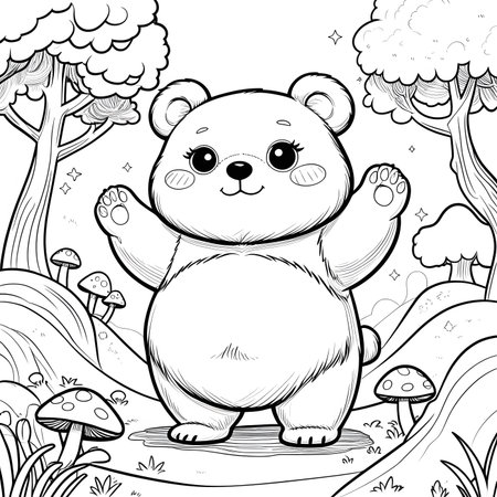Cute little bear in the forest. Coloring book for childrenの素材