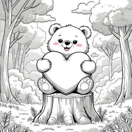 Cute cartoon panda bear holding a heart in the forest.の素材