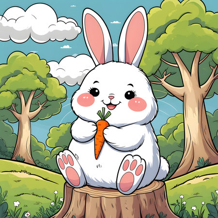Cute rabbit sitting on a tree stump in the forest illustration.の素材