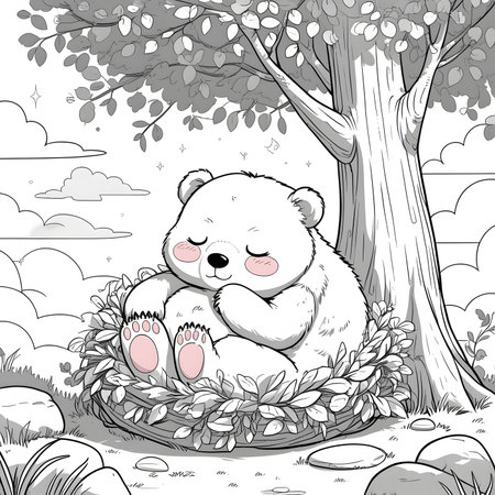Cute cartoon teddy bear sitting in a nest. Vector illustration.の素材
