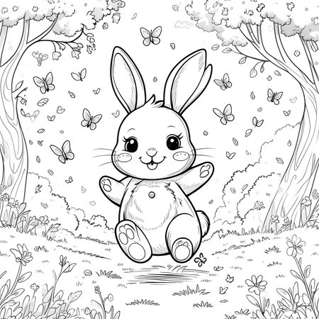 Cute cartoon bunny in the forest. Vector illustration for coloring book.の素材