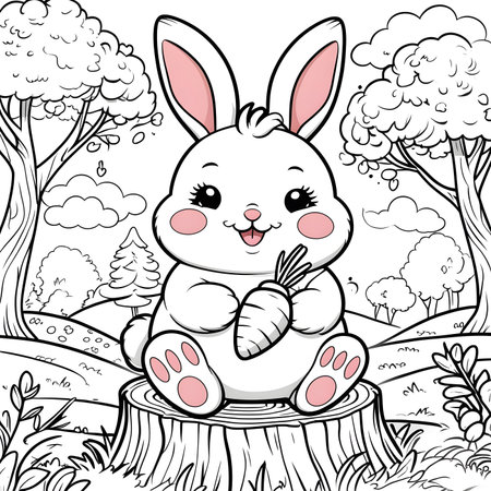Cute cartoon bunny sitting on a stump in the forest. Vector illustrationの素材