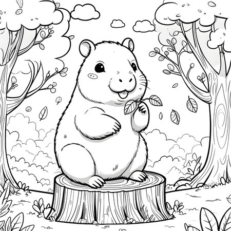 Cute hamster in the forest. Black and white vector illustration for coloring bookの素材