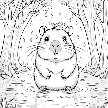Hamster in the rain. Black and white vector illustration for coloring book.の素材