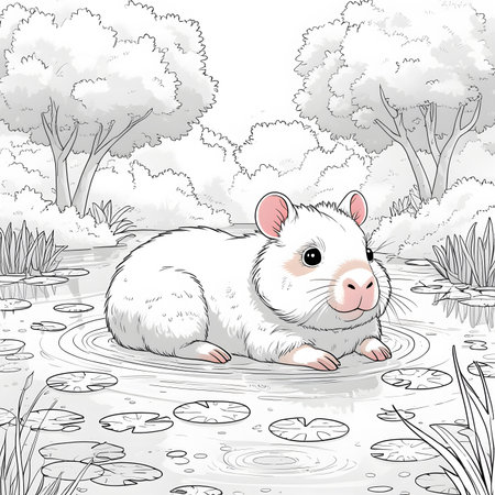 Cute hamster sitting in the water. Black and white vector illustration.の素材