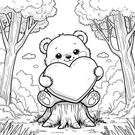 Cute teddy bear holding a heart in the forest, vector illustrationの素材