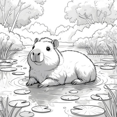 Capybara in the pond. Black and white vector illustration.の素材