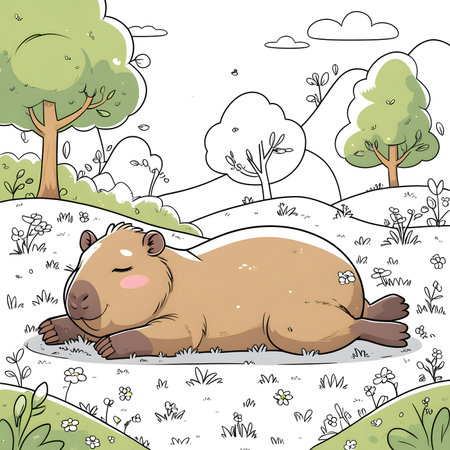 Cute cartoon beaver sleeping in the meadow. Vector illustration.の素材