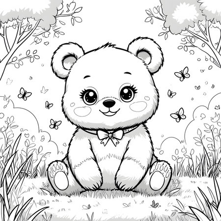 Cute cartoon bear sitting in the grass. Vector illustration for coloring book.の素材