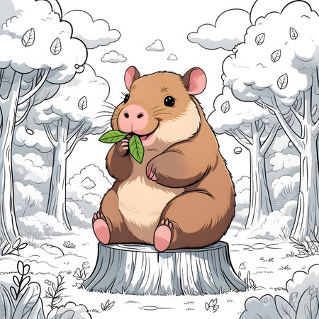 Hamster in the forest. Cartoon style. Hand drawn vector illustration.の素材