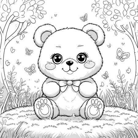 Cute cartoon teddy bear sitting in the garden. Vector illustrationの素材