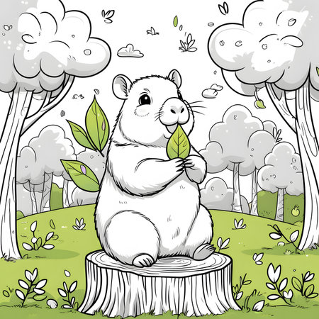 Illustration of a Cute Hamster Eating a Green Leaf in the Forestの素材
