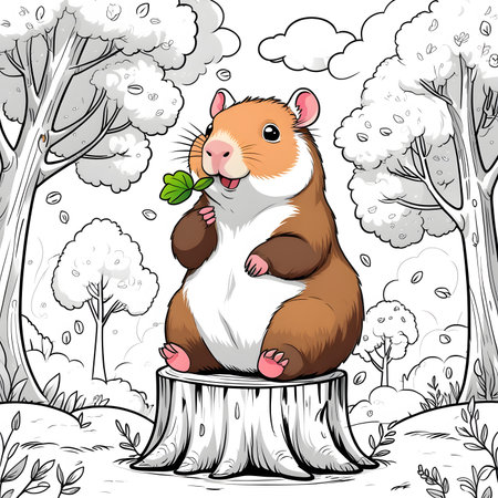Hamster sitting on stump in the forest. Vector cartoon illustration.の素材