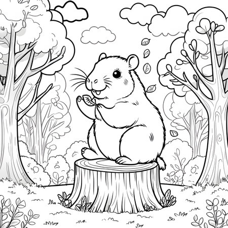 Hamster in the forest. Black and white vector illustration for coloring bookの素材