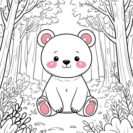 Cute cartoon bear in the forest. Hand drawn vector illustration.の素材