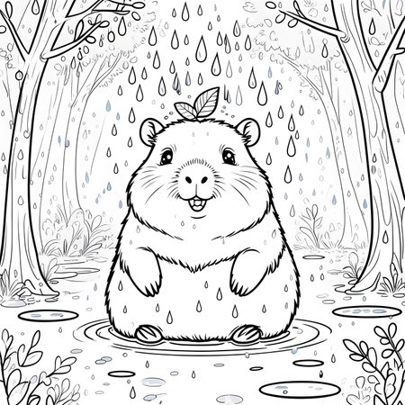 Cute hamster sitting in the rain. Vector illustration for coloring book.の素材