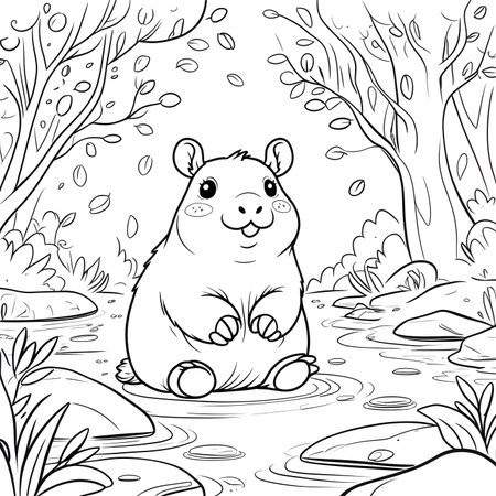 Coloring Page Outline Of hamster sitting on a rock in the forestの素材