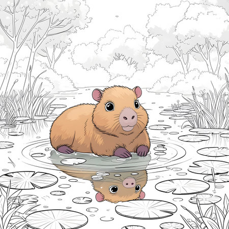 Cute cartoon hamster in the pond. Vector illustration for coloring book.の素材