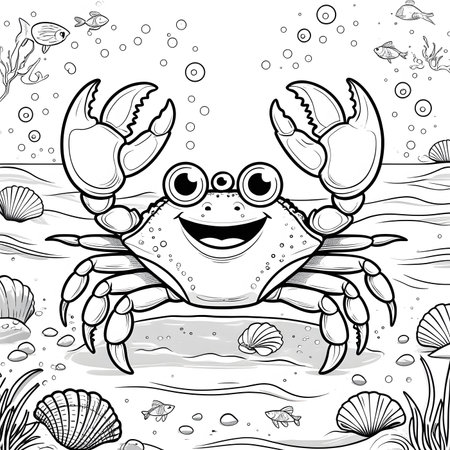 Coloring book for children: funny crab in the sea. Black and white vector illustrationの素材