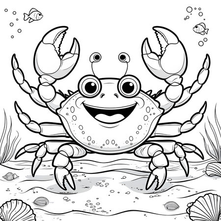 Black and white illustration of a smiling crab on the seashoreの素材