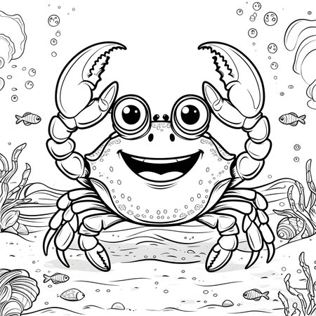 Black and white vector illustration of a smiling crab on the seabedの素材