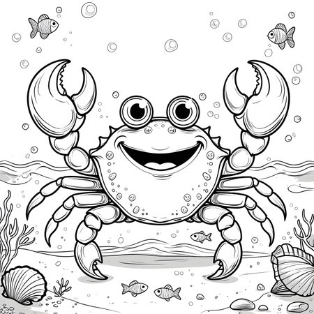 Cute cartoon crab on the beach. Black and white vector illustration.の素材