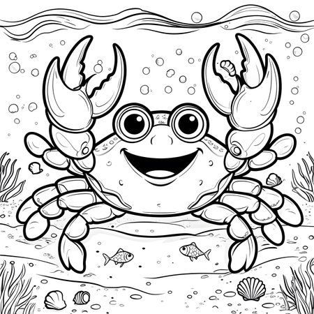 Coloring Page Outline Of Cartoon Crab With Glasses Underwaterの素材
