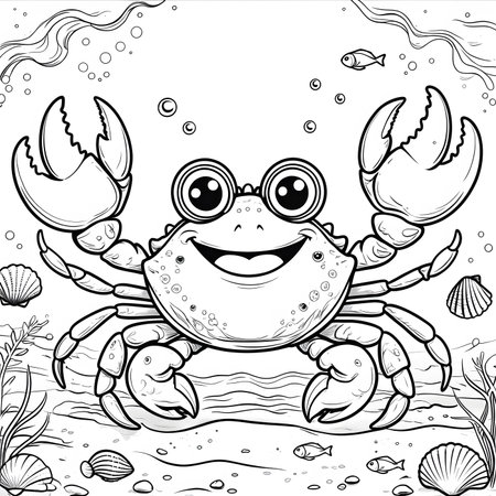 Coloring Page Outline Of Cute Cartoon Crab With Sea Shellの素材