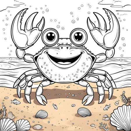 Cute cartoon crab on the beach. Vector illustration for coloring book.の素材