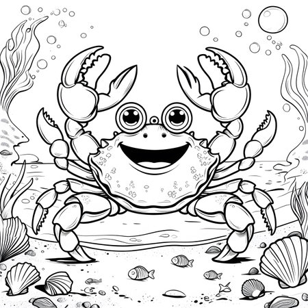 Black and white vector illustration of a smiling crab on the beach.の素材