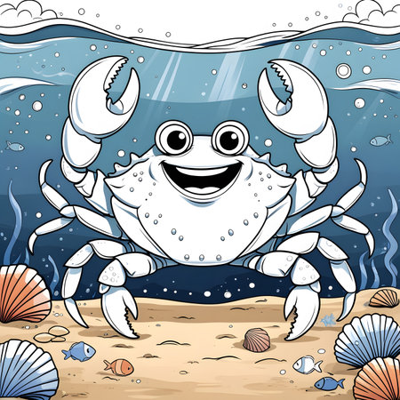Illustration of a Cartoon Blue Crab on the Beach, Underwater Sceneの素材
