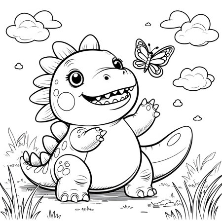 Black and White Cartoon Illustration of Cute Dinosaur Animal Character Coloring Bookの素材