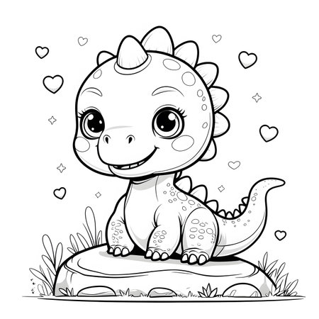 Cute baby dinosaur sitting on a rock with hearts. Vector illustration.の素材